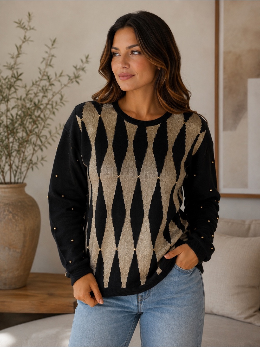Vintage 80s/90s Black & Gold Diamond-Pattern Crewneck Sweater - Women